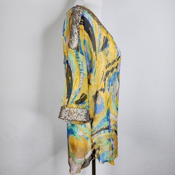 NEW YELLOW URBAN MANGOZ SIZE S, SEQUINS MULTICOLOR BLOUSE FALL SHEER AQUA - Picture 13 of 17